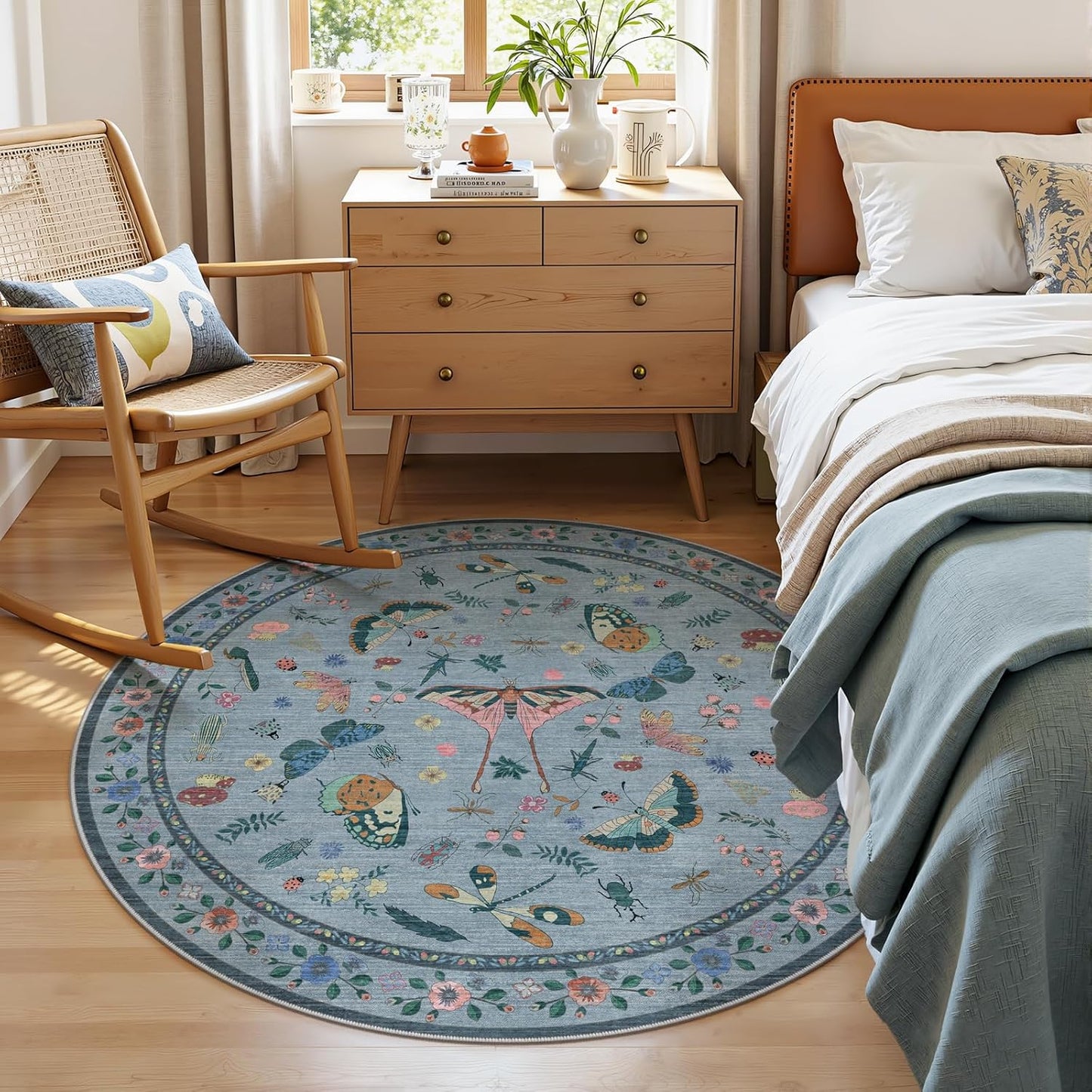 4ft Washable Round Rug - Bug Rugs for Living Room Non-Slip Low Pile Soft Ultra-Thin Machine Washable Circle Carpet for Bedroom, Entryway, Nursery, Kitchen, Home Office (4' Round Blue)