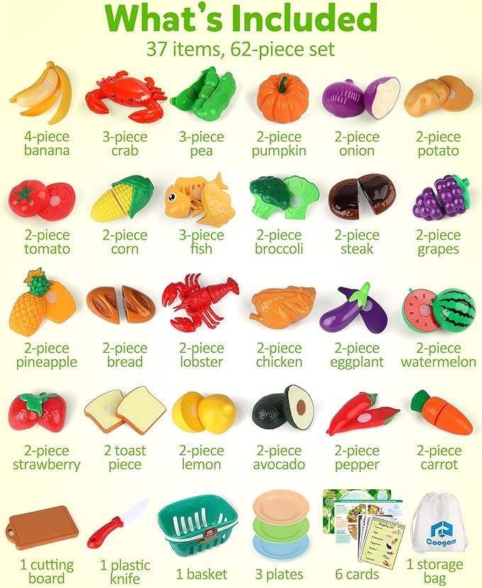 Coogam Pretend Play Food Kitchen Accessories for Kids, Fake Fruits Meats Vegetables Cutting Food with Shopping Storage Basket for Preschool Activities, Daycare Educational Toy for 3 4 5 Years old Kids