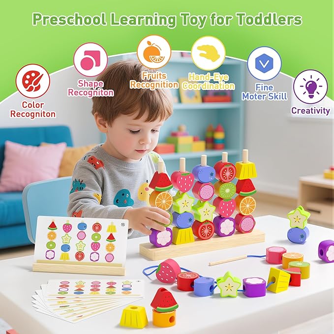 Montessori Toys for 3 4 5 Year Old, Wooden Fruit Toddler Stacking Toys, Stacking Blocks & Lacing Beads & Shape Sorter Toy for Toddler, STEM Preschool Learning Toys for Kids Boys Girls