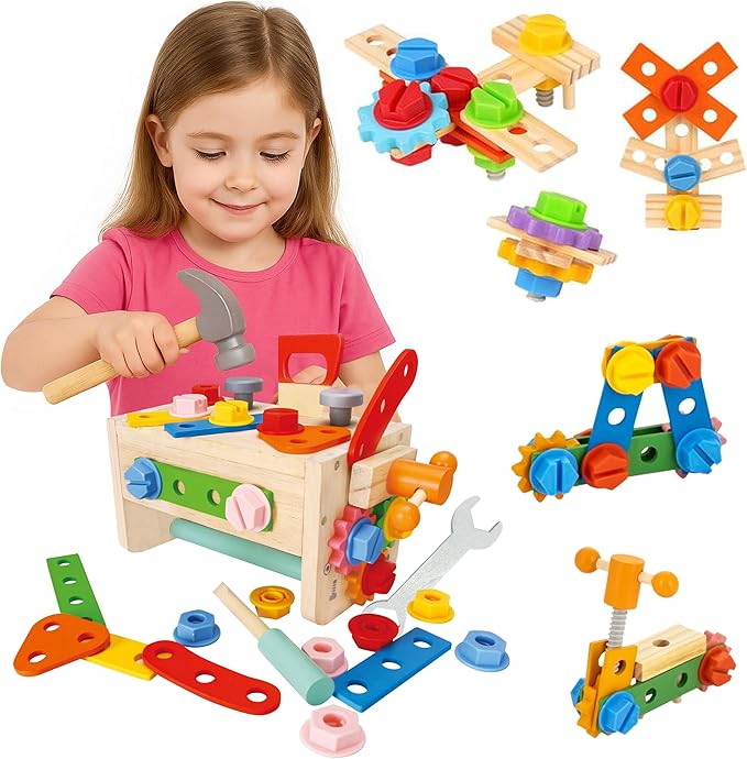Kids Tool Set – 35 Pieces Wooden Toddler Tool with Box – Montessori STEM Educational Pretend Play Construction Toy for 3 to 8 Year Old Boys Girls – Best Birthday Gift