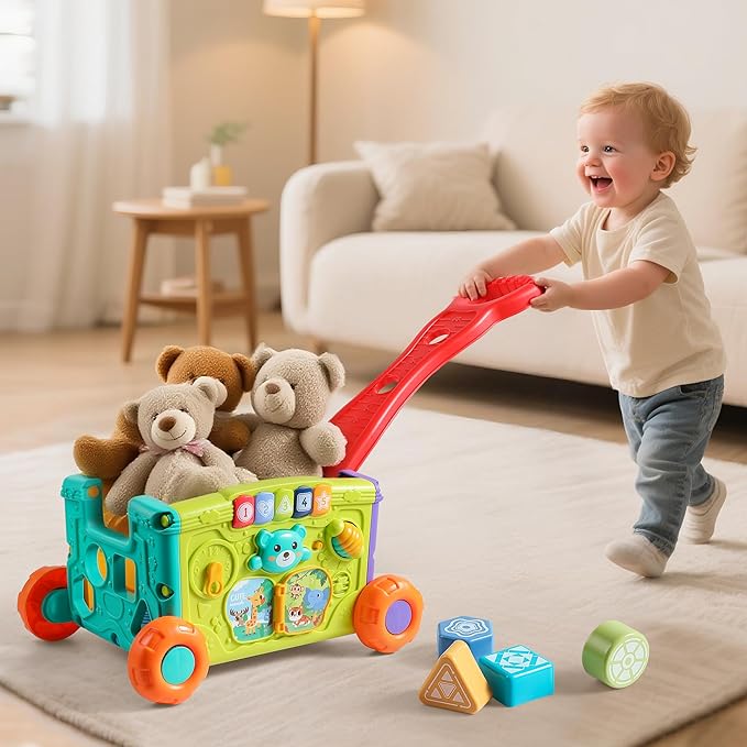 Baby Walker Musical Push Toy for Toddlers 18+ Months - Educational Activity Wagon with Building Blocks, Learning Walking Assistant with Adjustable Handle for Baby Boys & Girls