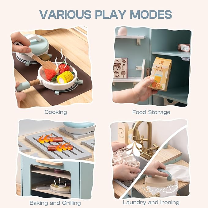 ROBUD Wooden Play Kitchen Set, Kids Toy Kitchen Set with Realistic Design, Utensils, Ice Maker, Fridge, Oven, Washer, Modern Style Play Kitchen with Accessories, Ideal Gift for Boys & Girls, Blue