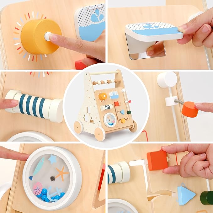 Wooden Baby Walker, Montessori Activity Center Adjustable Speed Baby Push Walker with Blocks & Shape Sorter, Learning Toy for Toddlers 1 2 3 Year Olds