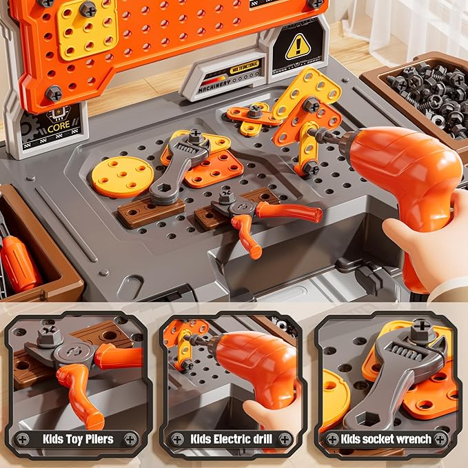 2 in 1 Workbench Toys for Toddlers 3-5, Kids Tool Bench Set with Electric Drill and Realistic Tool, Pretend Play Toolbox, Birthday Gifts for Boys Age 3 4 5 6 7 8 Year Old