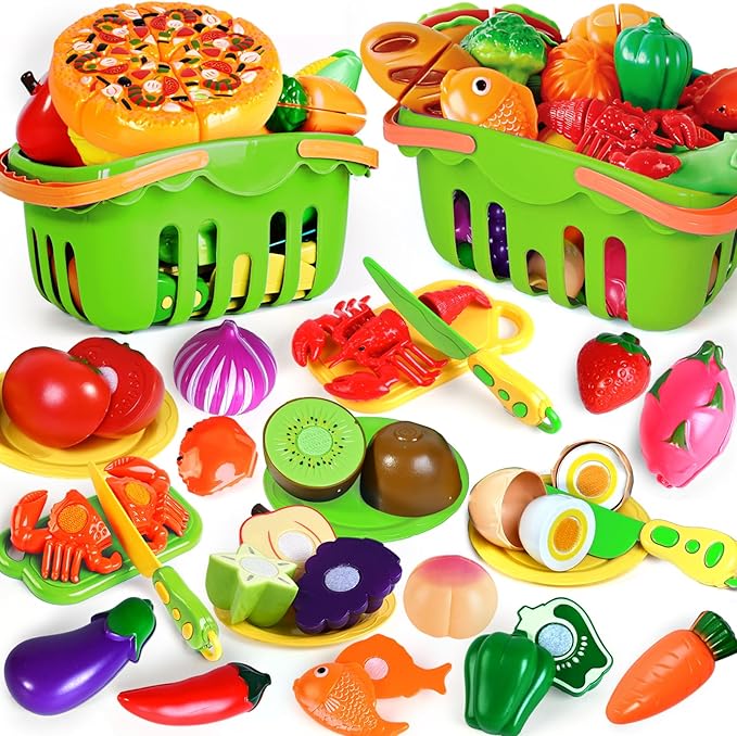 100 PCS Cutting Play Food Toy for Kids Kitchen, Pretend Food Kitchen Toys Accessories with 2 Baskets, Fake Food/Fruit/Vegetable, Christmas Birthday Gifts for 2 3 4 5 Years Old Toddlers Boys Girls