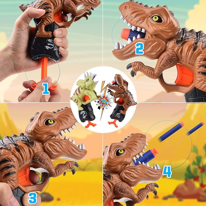 2 Pack Dinosaur Gun Toys for Toddlers Boys 3 4 5 6 7 Year Old Birthday Gifts Valentines Easter Christmas Stocking Stuffers, Small Dino Blaster Shooting Game with Soft Foam Darts Compatible with Nerf