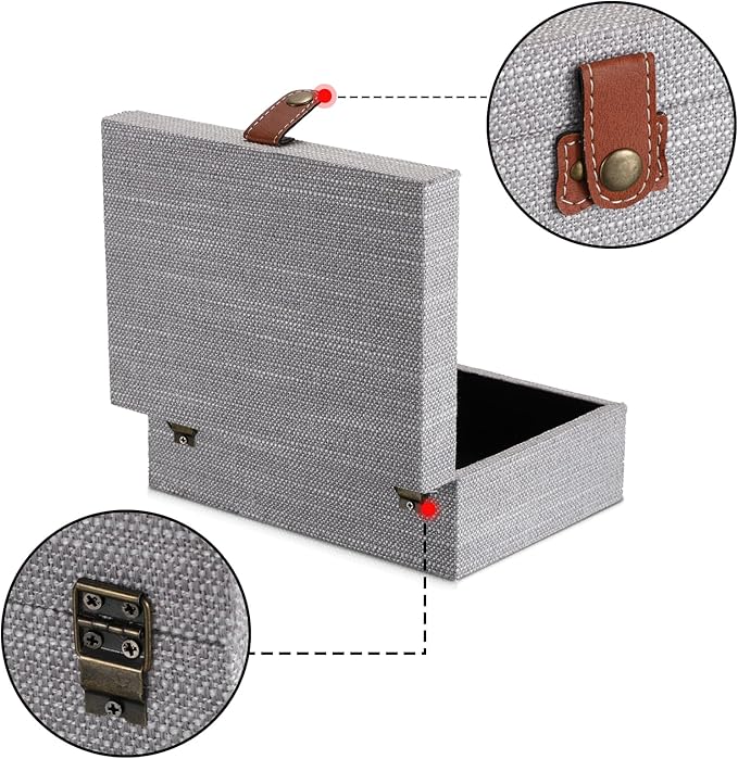 Hipiwe Decorative Jewelry Storage Box Gray Wooden Case with Linen Covered Treasure Chest for Women Gift Photo Organizer with Clasp Keepsake Box Home Decor, Medium