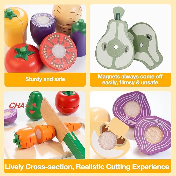 Wooden Play Food Set for Kids Kitchen | Cutting Veggies & Fruits Toy Food Set with Storage Case & Bag, Play Kitchen Accessories, Pretend Play Food for Toddlers 3+