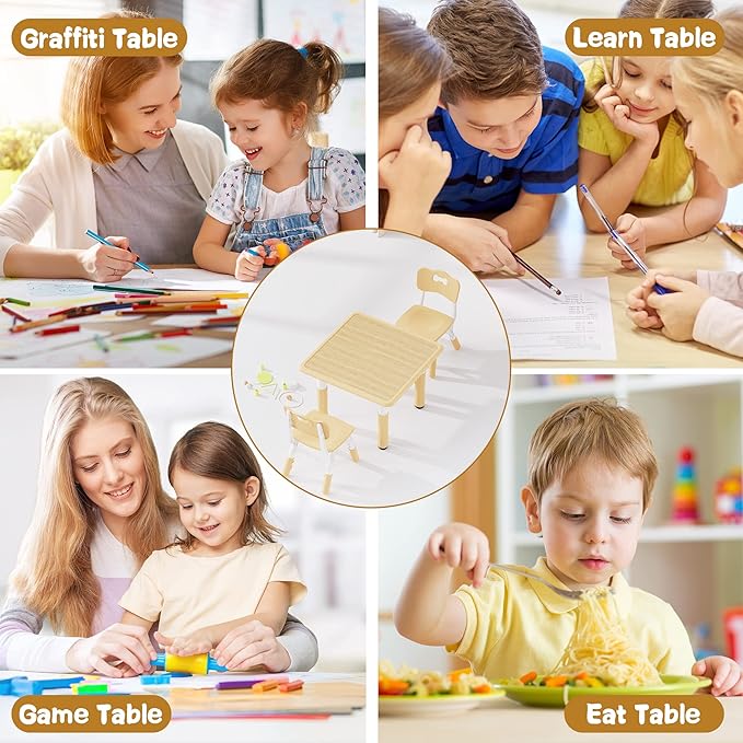 Brelley Kids Table and 2 Chairs Set, Height Adjustable Toddler Desk and Chair Set, Graffiti Desktop, Classroom/Daycare/Home, Children Multi-Activity Table for Ages 2-8