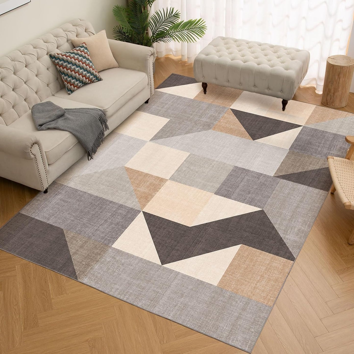 HOMFINE Washable Modern Area Rug - Geometric Style 4x6 Rugs for Living Room, Bedroom, Machine Washable Rug Soft Non Slip Non Shedding Area Rug - Grey Brown, 4'x6'