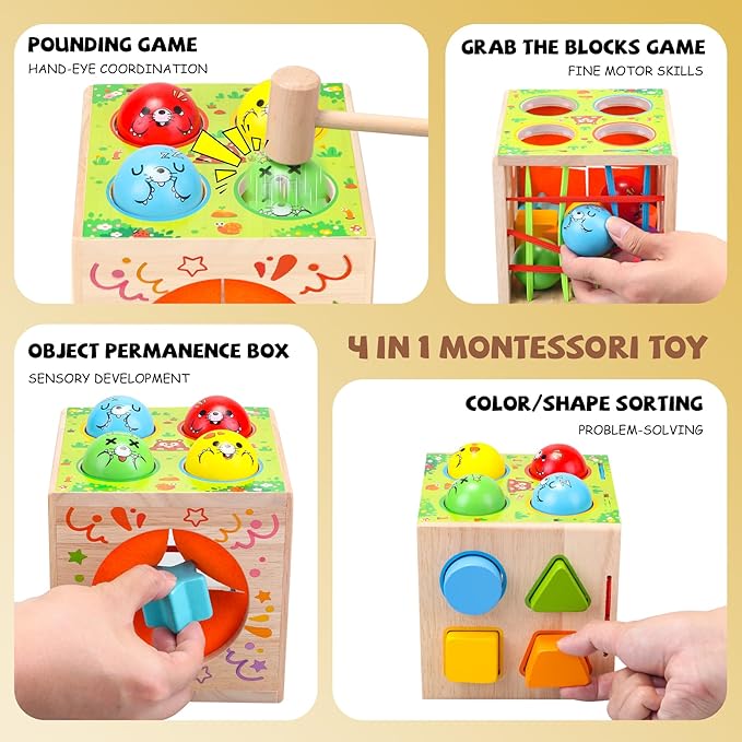 4-in-1 Montessori Toys for 1+ Year Old - Shape Sorting Activity Cube, Hammer Pounding Game, Baby Blocks & Sensory Toys for Toddlers 1-3, Wooden Toy Gift for 1 Year Old Boys and Girls
