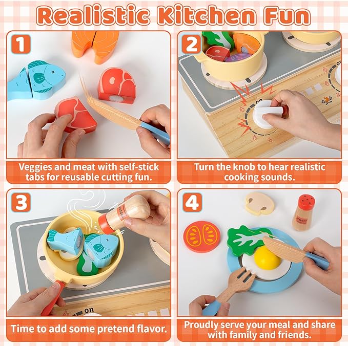 Play Kitchen Accessories, Wooden Pretend Play Cooking Playset with Interactive Sound and Storage Stove, Pots & Pans, Cuttable Play Food, Kitchen Toys for Kids Toddlers Girls Boys