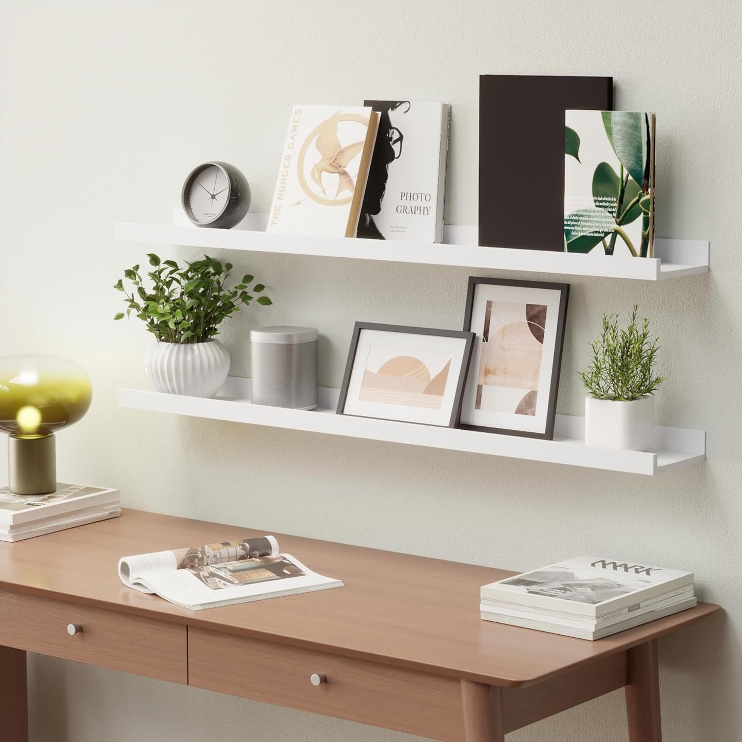 36 Inches Long Floating Shelves Wall Mounted, 2 Set Modern White Wall Shelf for Bedroom, Nursery Book Shelf with Lip, Picture Ledge Shelf for Wall Decor Living Room Bathroom Kitchen - White