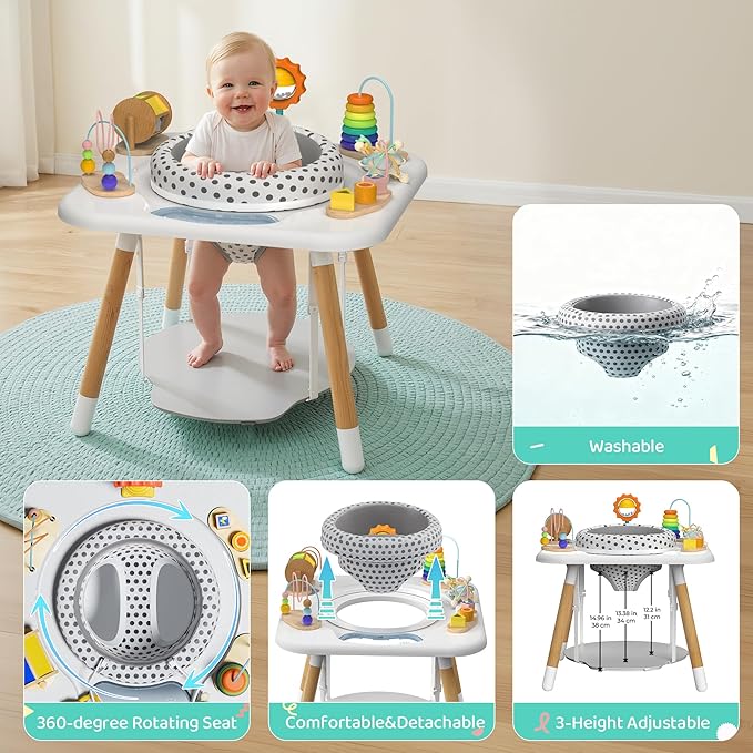 Kizfarm Baby Activity Center, Montessori-Inspired Baby Bouncer with 7 Interactive Toys, 360° Rotating Seat, Wooden Jumper, Play Gym & Toddler Table for Ages 6-36M, Must-Have Shower Gifts