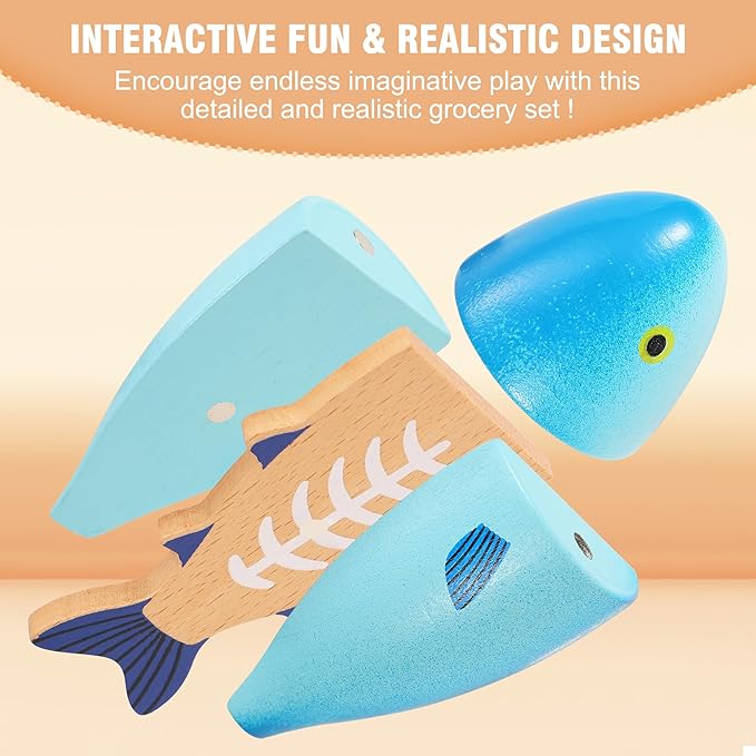 Wooden Play Food Set for Kids Toddlers, Grocery Store Pretend Play Food, Pretend Grocery Shopping & Play Kitchen Accessories for Boys Girls