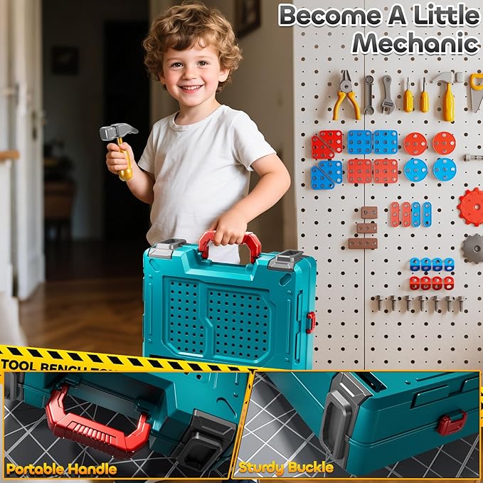 Kids Tools Toy Sets for Aged 3 4 5 6 7 8, 2 in 1 Workbench Toys for Toddlers 3-5, Pretend Play Toolbox, Construction Mechanic Set with Sound, Educational Birthday Gift for Boys Girls Ages 3-8