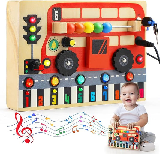 TOY Life Montessori Busy Board, Wooden Bus Sensory Board Toys for Toddlers with LED Light Up Switchs, Baby Fidget Boards Travel Toys, Christmas Birthday Gifts for 1+ Year Old Girls Boys