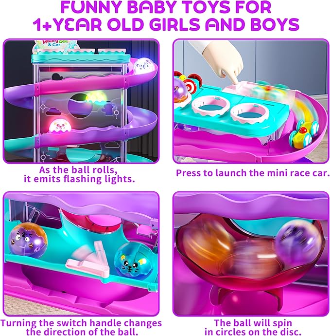 2-in-1 Rolling Ball & Car Ramp Race Track for Toddlers, Hammer Ball Drop Toy for Boys & Girls, Interactive Toys w/Sensor Lights - Montessori STEM Learning Toys - Brithday Gift for Kids 1-5+ Year Old