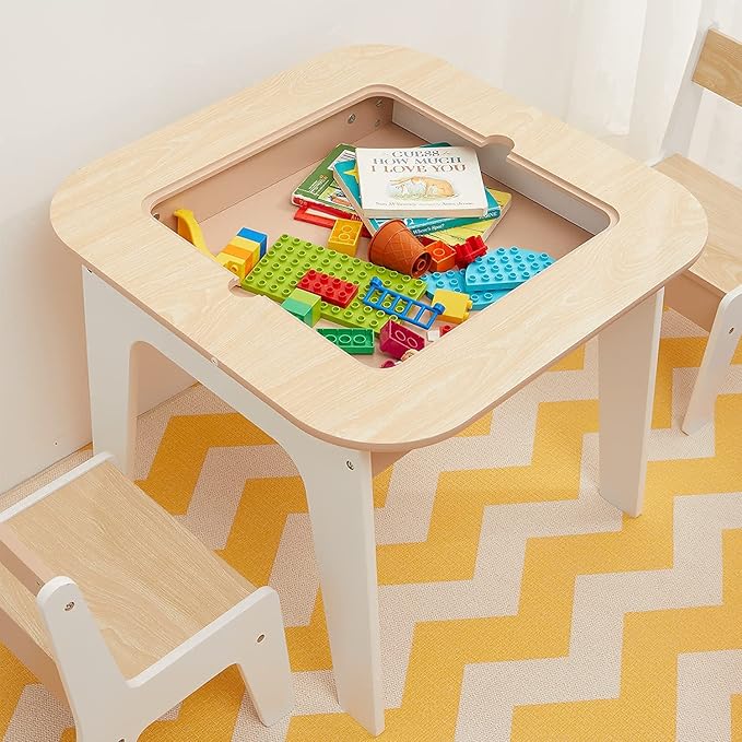 Toffy & Friends Wooden Storage Table and Chairs Set, White, 3-Piece Set, Ideal for Children's Learning, Activity Table or Dining