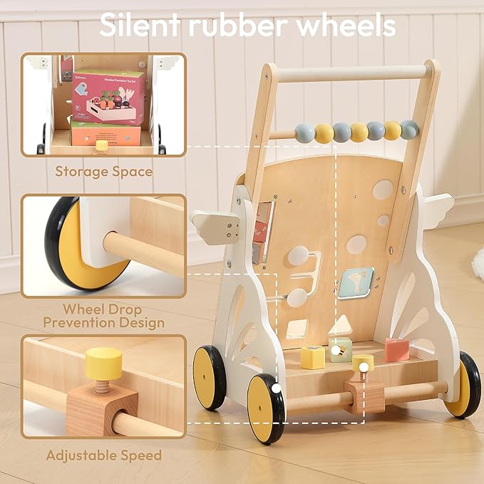 Wooden Baby Walker, Baby Push Walker, 8-in-1 Nature Activity Center, Adjustable Speed Montessori Walker Toy with Activity Center Toys for Boys Girls 1 2 3 Year Old
