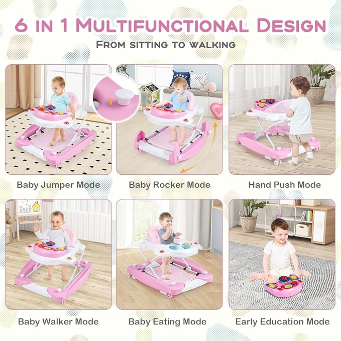 BABY JOY 6-in-1 Baby Walker, Foldable Baby Walker with Wheels, Adjustable Height, Music, Lights, Bouncer & Rocker Mode, Baby Walkers for Boys Girls 6-14 Months (Pink)