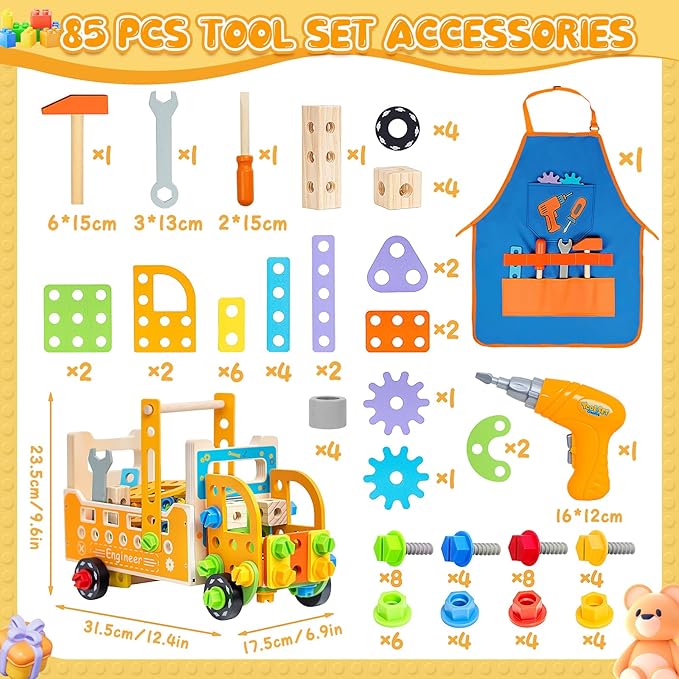Kids Tool Set with Drill&Apron ,85pc Toddler Play Tool Drill and Screw Toys Pretend Play Wooden Construction Kits for Kids Ages 3-8,Christmas Birthday Gift for Boys Girls