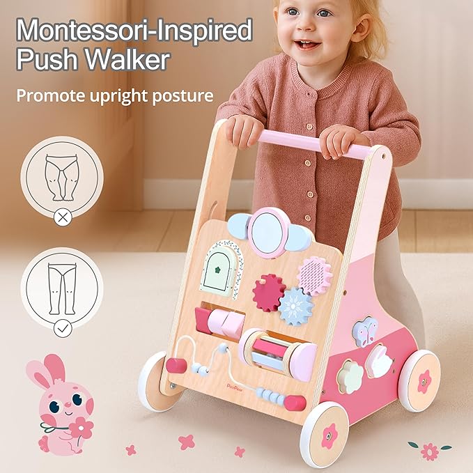 PairPear Wooden Baby Walker Push and Pull Learning Activity Walker, 8-in-1 Montessori Busy Board Push Walker Wooden Activity Center Toys for Boys and Girls 12m+ （Pink Rabbit）