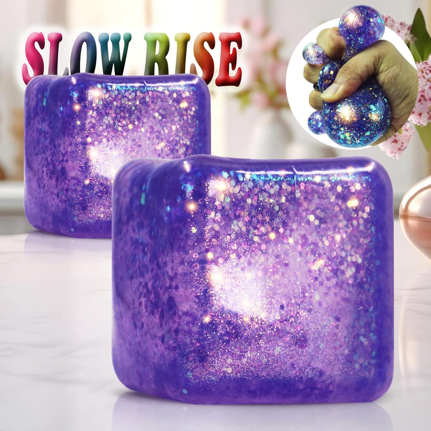 2Pack Glitter Squishy Cube - Slow Rise Nice Sugar Stress Cube Gel Stress Balls for Adults, Glitter Squishy Balls for Kids, Stress Relief/Classroom Fidget/Treasure Box Prizes(Purple)