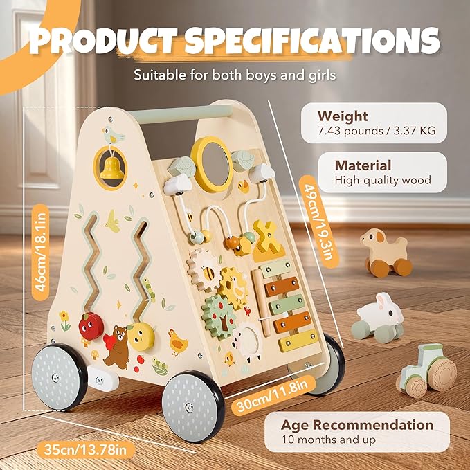 Wooden Baby Push Walker, Baby Walker with Activity Center for Girls Boys, Montessori Sensory Push Toys for Babies Learning to Walk & Sit-to-Stand