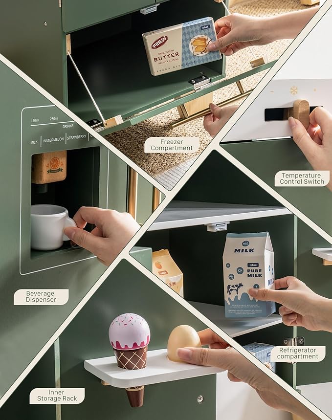 ROBUD Kids Play Kitchen - Vintage Green Refrigerator for Kids Kitchen Playset with Accessories - Pretend Toddlers' Kitchen Toy Fridge - Perfect Baby Gift for Ages 3+, Vintage Green