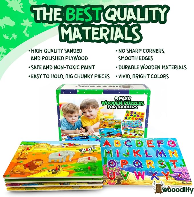 5 Pack Wooden Puzzles for Toddlers 1-3 - Colorful Chunky Wooden Peg Puzzles - Educational Learning Montessori Toys - Toddler Puzzles for Kids Ages 2-4 - Alphabet ABC Number Animal Fruit Shape