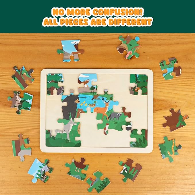 BONNYCO Wooden Puzzles for Kids Ages 4-6 and 3-5. Set of 6 Jigsaw Puzzles 24 Pieces with Board, Animals from Diverse Ecosystems. Educational Toys, Learning Gifts for Boys, Girls