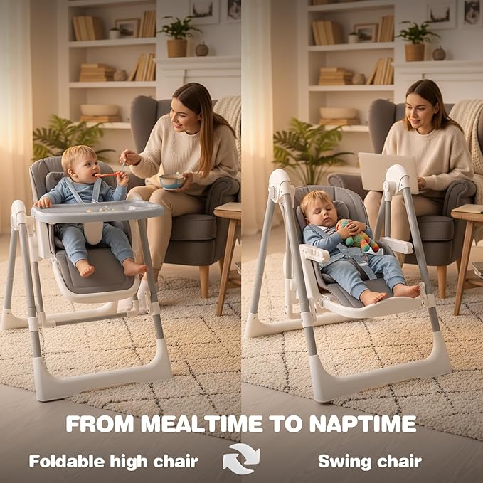 High Chairs for Babies and Toddlers Convert to Baby Swings Foldable High Chair Adjustable Convertible with Reclining Seat & Leg Rest, 3-in-1 with Tool-Free Assembly (Grey)