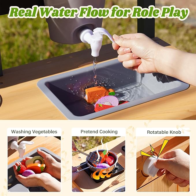 ROBUD Outdoor Mud Kitchen Set for Kids, Wooden Pretend Play Kitchen with Plant Growing Box, Real Faucet, Sink, Kitchen Accessories, Pretend Play for Kids Boys Girls Toys Age 3+