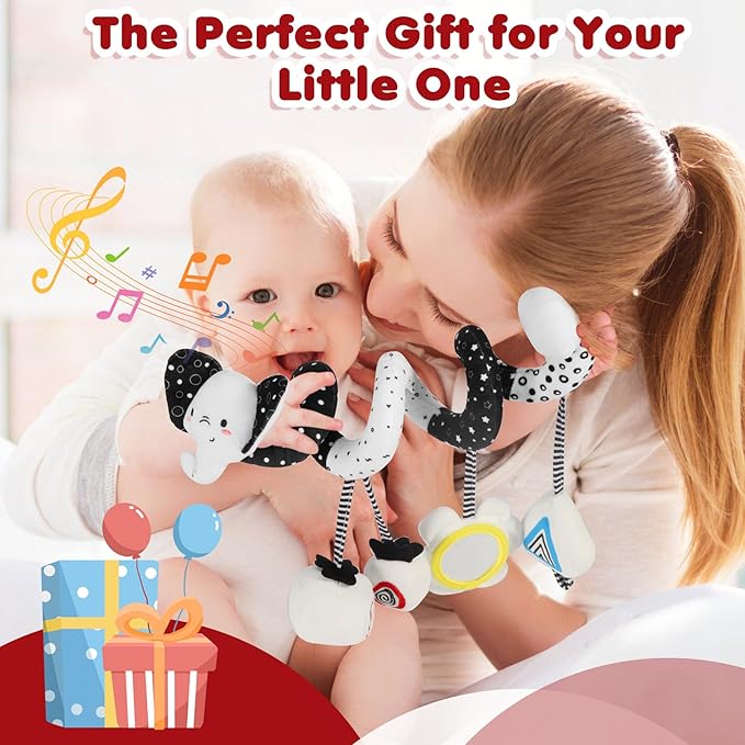 URMYWO Spiral Car Seat Toys for Babies 0-6 Months, Black and White Baby Toys, High Contrast Baby Toys for Newborn, Hanging Toy Fits Stroller, Shower Gift for Boys Girls