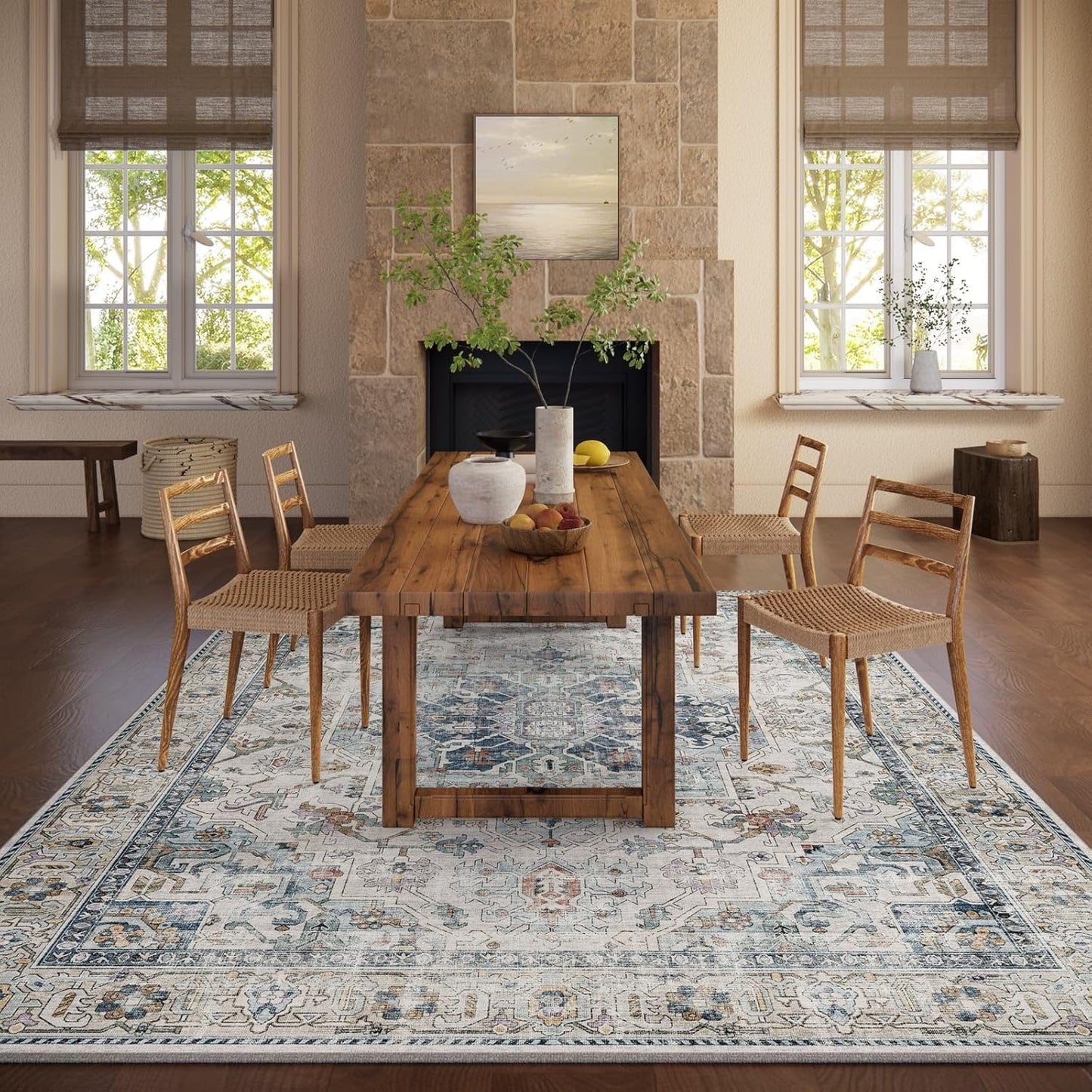 10x14 Area Rugs for Living Room: Washable Bedroom Rug Boho Vintage Rugs Stain Resistant Non Slip Low Pile Soft Lightweight Carpet for Kitchen Dining Room Farmhouse Nursery Kids Room Home Office