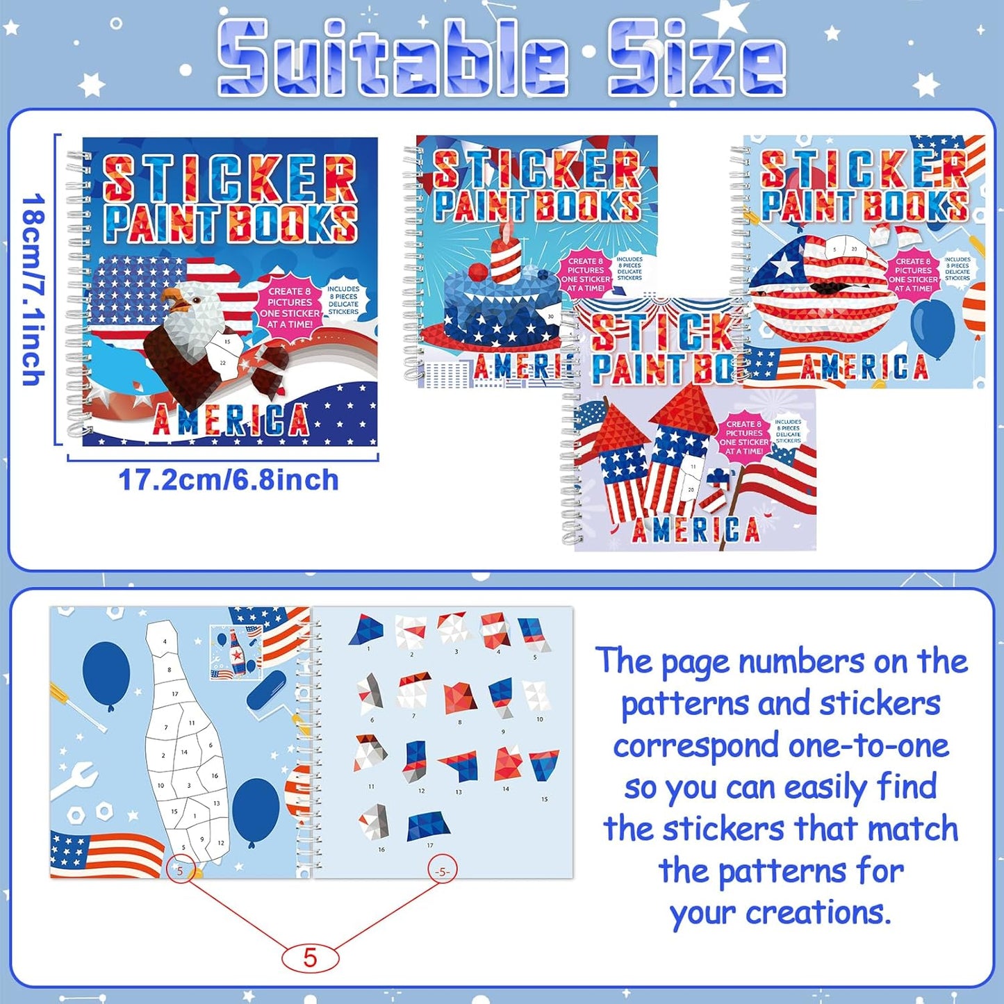 4Pcs Patriotic Paint by Sticker Books Sticker by Number Books Activity Book Puzzle Book Craft Art Gift Memorial Day 4th of July American Star 32 Pictures
