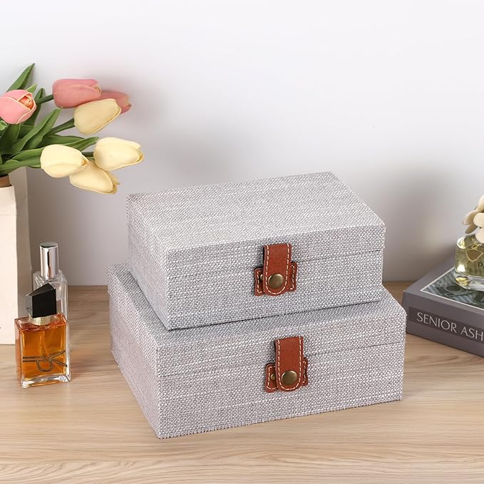 Hipiwe Decorative Jewelry Storage Box Gray Wooden Case with Linen Covered Treasure Chest for Women Gift Photo Organizer with Clasp Keepsake Box Home Decor, Medium