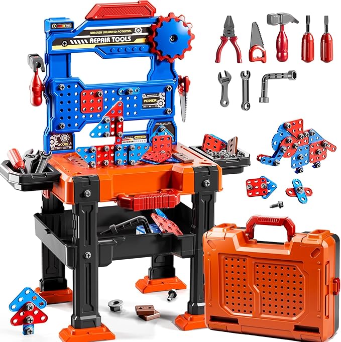 Kids Tools Toy Sets for Aged 3 4 5 6 7 8, 2 in 1 Workbench Toys for Toddlers 3-5, Pretend Play Toolbox, Construction Mechanic Set with Sound, Educational Birthday Gift for Boys Girls Ages 3-8