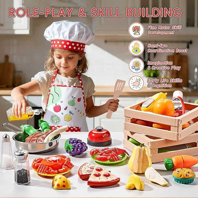 Play Kitchen Accessories, Large Stainless Steel Toddler Cooking Set, Kids Kitchen Playset with Cutting Play Food, Condiments, Chef Apron & Hat, Service Bell, Toy Food with 2 Baskets, Boys Girls Gifts.