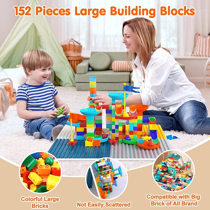 Arscniek Toddlers Activity Table 7 in 1 Kids Activity Tables and Chair Set with 152Pcs Large Marble Run Building Blocks, Sand/Water Tables, Kids Learning Play Table Toys for Girls Boys Toddler Age 3-7