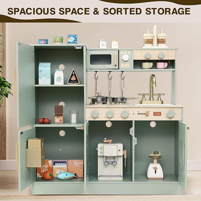 Wooden Kitchen Playset for Kids Toddler, Pretend Play Kitchen Set Toy for Girls and Boys, with Kitchen Accessories - Green