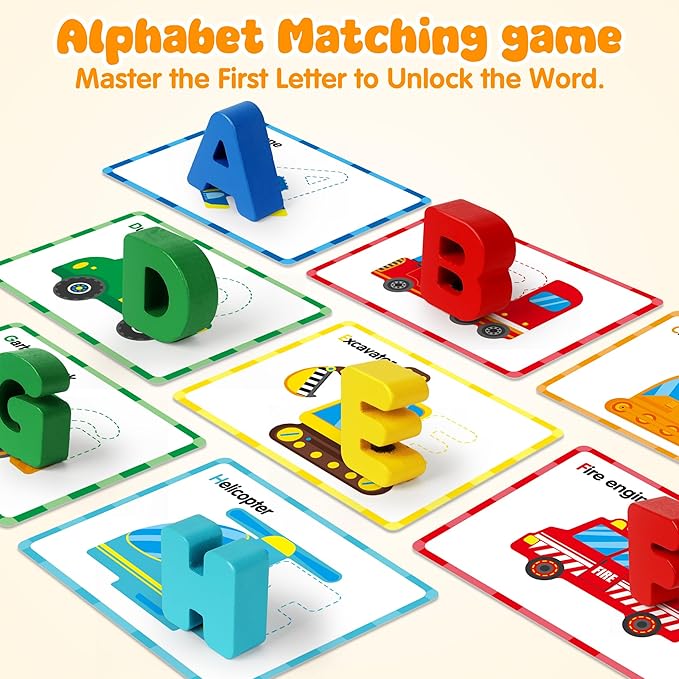 Vanmor Wooden Vehicle Alphabet Puzzle for Toddlers, Traffic ABC Letter Sight Words Matching Game with 52 Blocks and Flash Cards, Montessori Spelling Game Learning Toys, Stocking Stuffer for Kids 3-5