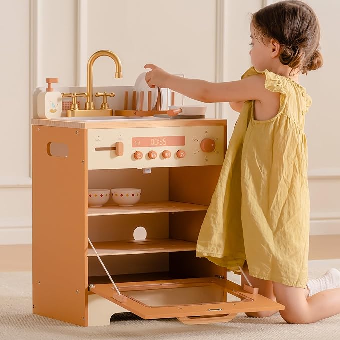 ROBOTIME Wooden Toy Dishwasher Sink – Caramel Pretend Kitchen Toy with Gold Faucet, Turning Knobs, Dish Rack, Plates, Bowls, Cups – Montessori Wooden Play Kitchen for Girls Ages 3+