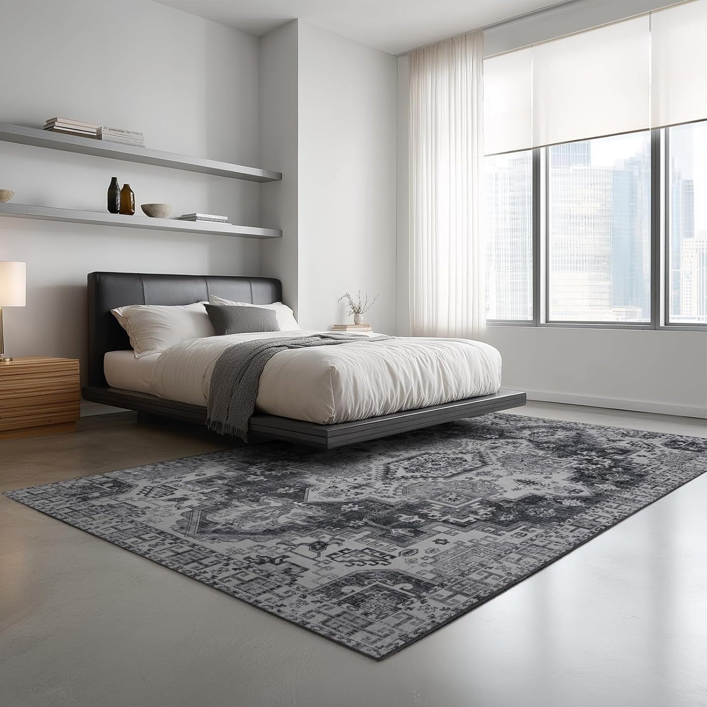 4x6 Washable Area Rug for Living Room, Carpet for Bedroom, Soft Faux Wool Retro Dining Room Rug, Non Slip&Non-Shedding Resistant Low Pile Vintage Print Rug for Home Office (Medium Gray)