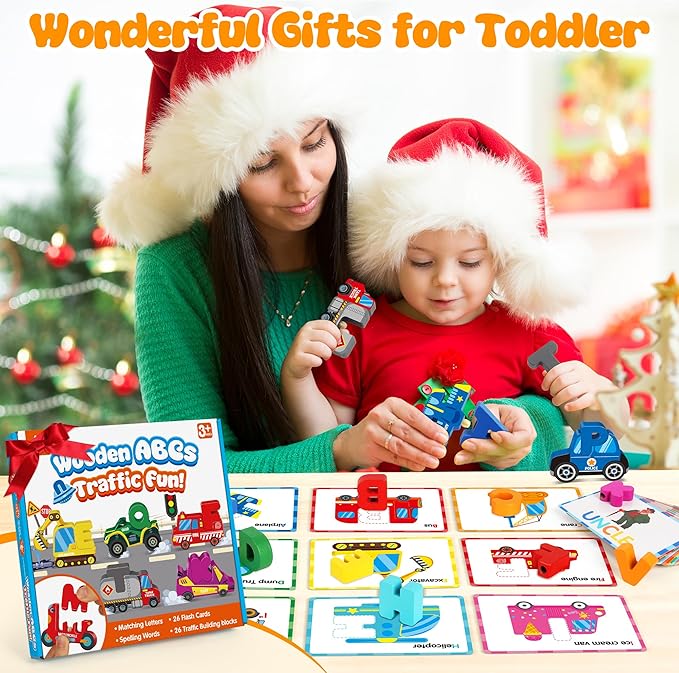 Vanmor Wooden Vehicle Alphabet Puzzle for Toddlers, Traffic ABC Letter Sight Words Matching Game with 52 Blocks and Flash Cards, Montessori Spelling Game Learning Toys, Stocking Stuffer for Kids 3-5