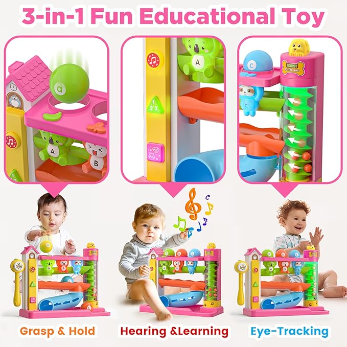 Musical Ball Drop Toys for 1 Year Old Girl Gifts, Eductional Baby Toy 12-18 Month Toddler Toy Age 1-2, First Birthday Gift for 1 Year Old Girl Boy, Infant Toys for 9-12-18 Month Olds (Pink)