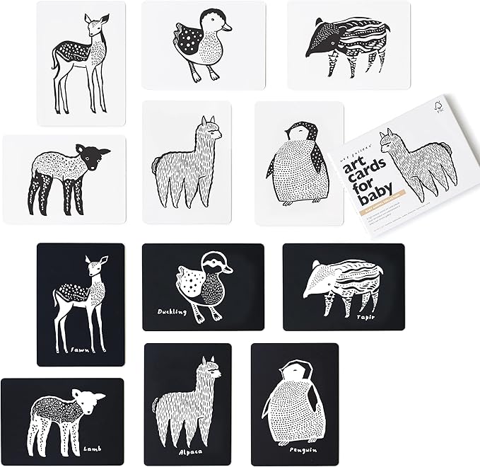 Wee Gallery Art Cards for Baby, Durable High Contrast Black and White Animal Flashcards for Newborns, Brain Development, Sensory Toys, Tummy Time Essentials for Infant and Toddler - Baby Animals