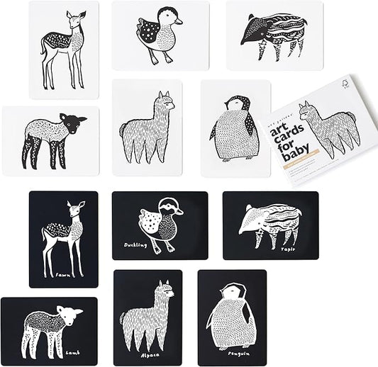 Wee Gallery Art Cards for Baby, Durable High Contrast Black and White Animal Flashcards for Newborns, Brain Development, Sensory Toys, Tummy Time Essentials for Infant and Toddler - Baby Animals