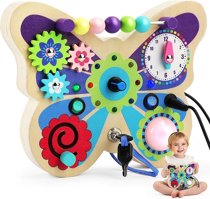 TOY Life Montessori Busy Board, Wooden Butterfly Sensory Board Toys for Toddlers with LED Light Up Switchs, Baby Fidget Boards Travel Toys, Christmas Birthday Gifts for 1+ Year Old Girls Boys
